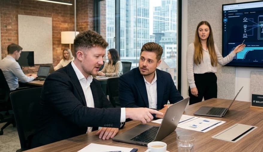 Beratungsgespräch mit Präsentation im Meetingraum
