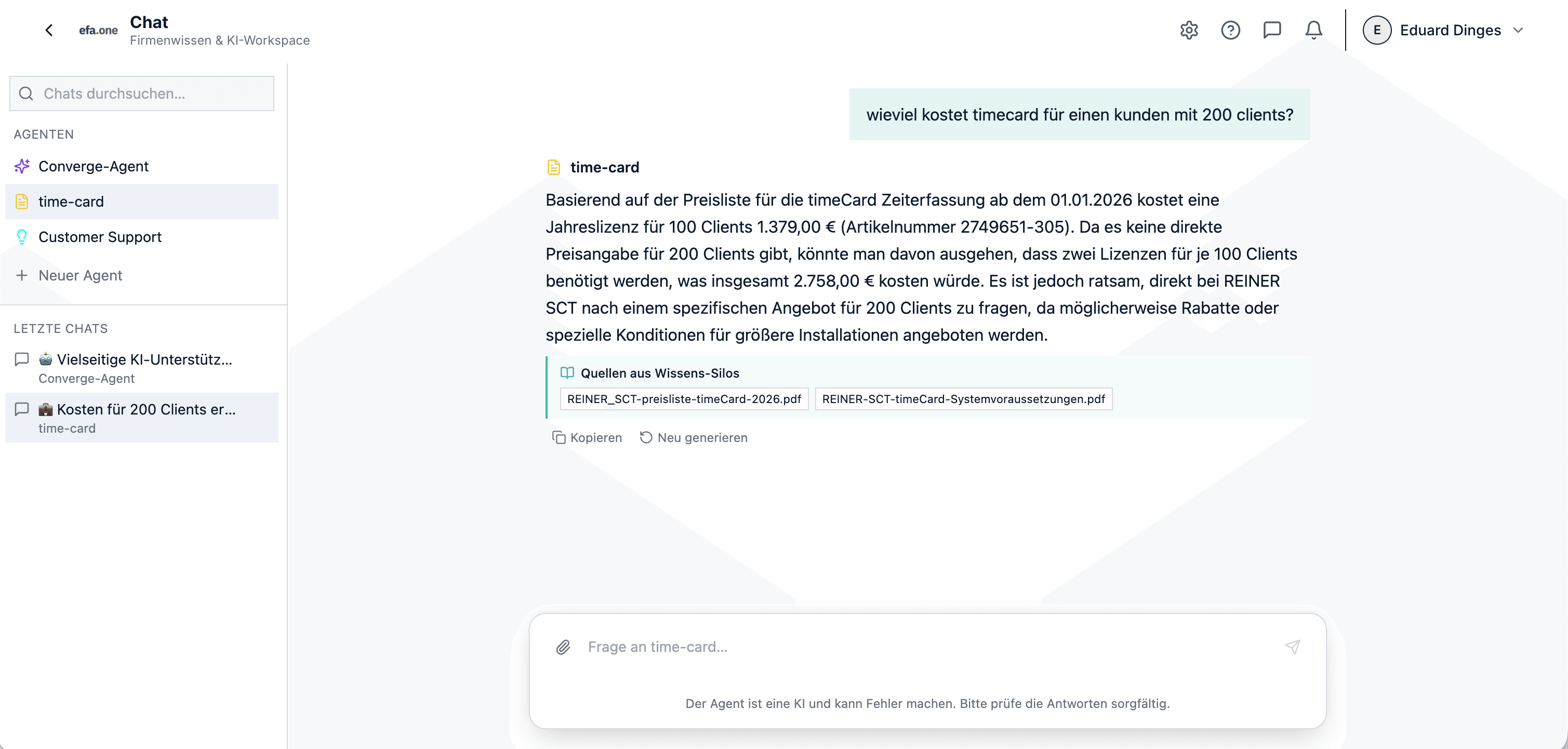 efa.chat — Antwort mit Quellen aus Wissens-Silos