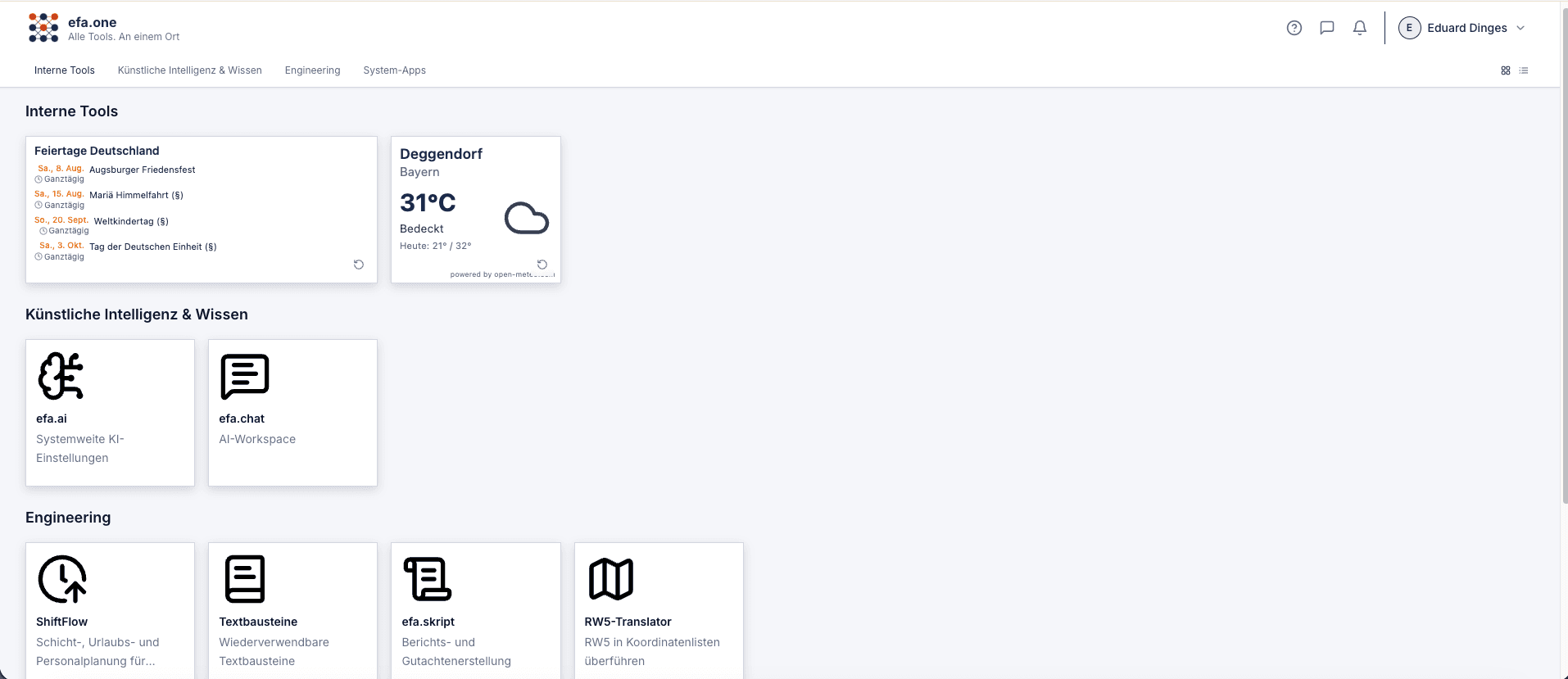 efa.one Dashboard — alle Tools an einem Ort
