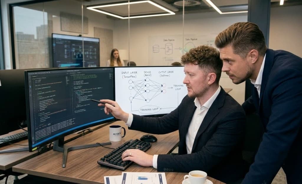 Zwei Entwickler besprechen Code und eine KI-Architektur am Bildschirm