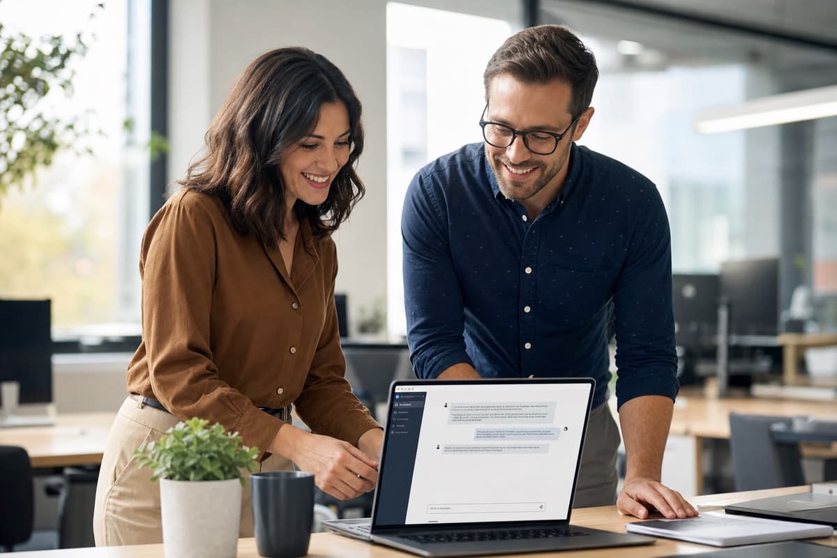 Zwei Kollegen arbeiten lächelnd mit einem KI-Assistenten am Laptop