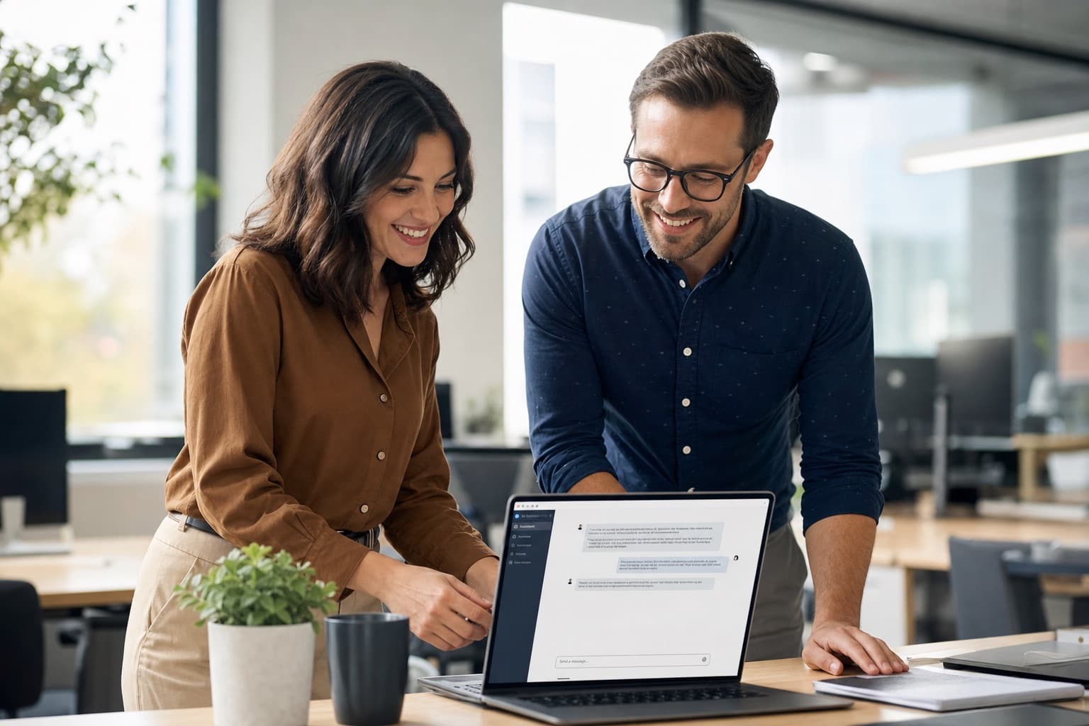 Zwei Kollegen arbeiten lächelnd mit einem KI-Assistenten am Laptop